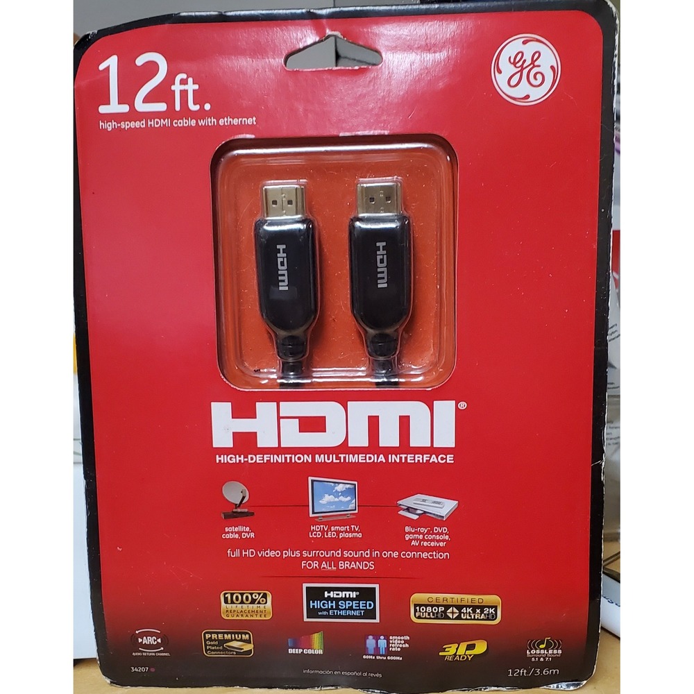 GE 12ft High Speed HDMI Cable with Ethernet 4K 1080p 3D Gold Plated 34207 Black